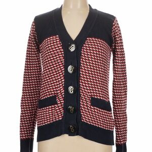 Milly of NY Women's Navy and Red Patterned Cardigan Sweater